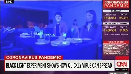 فيديو .. عمرو أديب يعرض فيديو مخيف بالأشعة فوق البنفسجية حول سرعة انتشار فيروس كورونا 
