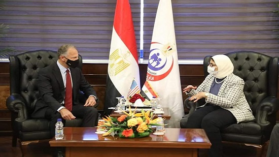 د. هالة زايد، وزيرة الصحة، خلال مؤتمر صحفي مع السفير الأمريكي لدى القاهرة،
